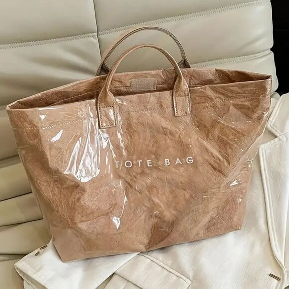 Large Capacity Vintage Style Paper PVC Tote Bag for Women Casual Tote Bag - Picture 3 of 7